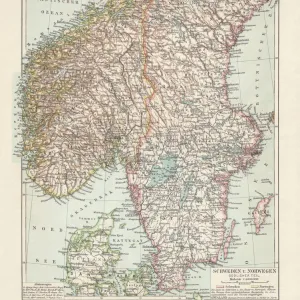 Map of Denmark, Southern Norway and Southern Sweden, lithograph, 1897