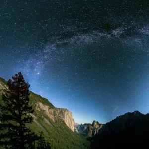 The Milky Way over El Capitan and Half Dome Mountain from Tunnel VIew, Yosemite National Park, California, United States