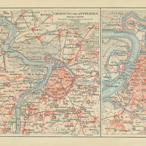 Old chromolithograph map of Antwerp, largest city in Belgium, capital of Antwerp Province in the Flemish Region