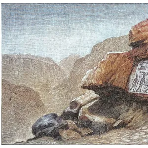 Old engraved illustration of Wadi Maghareh (Maghara or Magharah, meaning "The Valley of Caves" in Egyptian Arabic), is an archaeological site located in the southwestern Sinai Peninsula, Egypt