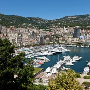 Overlooking the harbour of Monaco, Port Hercule, Monte Carlo, Principality of Monaco, Cote dAzur, Mediterranean Sea, Europe, PublicGround