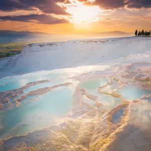 Pamukkale travertine natural pools at sunset