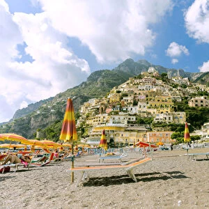 Positano beach scene and houses, Amalfi Coast