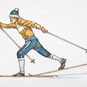 Skier sliding forward using skiing poles, side view