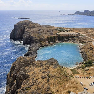 St Pauls Bay seen from Dorian Acropolis of Lindos from about 10th Century BC, Rhodes, Greece