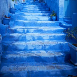 Steps of colorful blue historical village