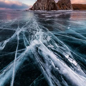 Sunset at the Rock Shamanka. Lake Baikal, winter