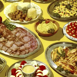 Tabletop of Platters and Bowls of Food