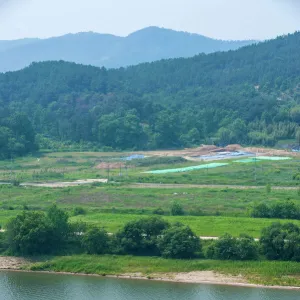 Traditional dragon boat, Baengma River, Buso mountain fortress in Busosan park Buyeu, South Korea