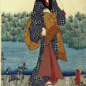 Traditional Japanese Woodblock female by pond