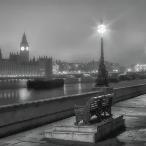 Westminster Thames Embankment Print, Autumn Fog Westminster Thames Embankment Print, Autumn Fog