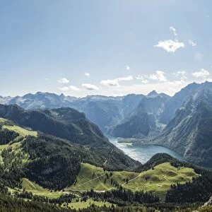 View of Konigssee Lake and Mt Watzmann from Mt Jenner, Berchtesgaden National Park, Berchtesgadener Land district, Upper Bavaria, Bavaria, Germany