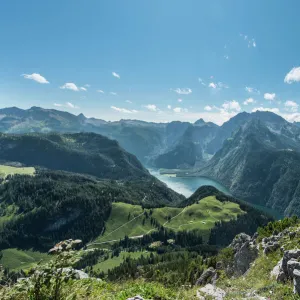 View of Konigssee Lake and Mt Watzmann from Mt Jenner, Berchtesgaden National Park, Berchtesgadener Land district, Upper Bavaria, Bavaria, Germany