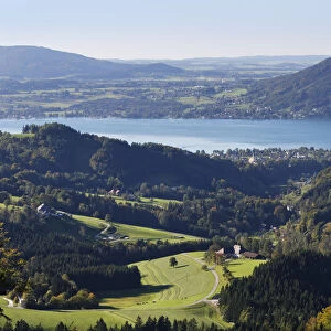 View of lake Attersee as seen from Kienesberg mountain, Weyregg in the foreground, Salzkammergut region, Upper Austria, Austria, Europe