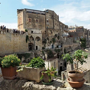 View Of Matera From Terrace With Vases Of Flowers, Basilicata, Southern Italy