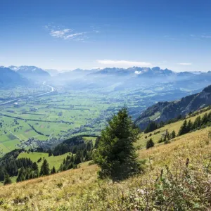 View of the Rhine valley as seen from the geological mountain trail, canton of Appenzell Inner-Rhodes, Switzerland, Europe