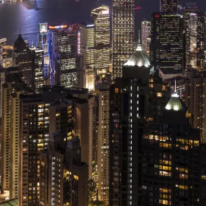 View from Victoria Peak across the high-rise buildings at night, Central District, Hong Kong, China