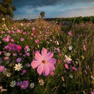 Wonderland of Wildflowers Landscape, Cosmos (Bidens formosa) wildflowers at Sunset, Magaliesburg, Gauteng Province, South Africa