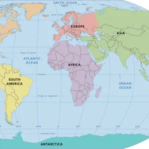 World map, continent labels