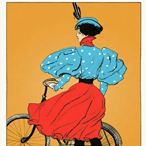 Young woman in dress with bicycle on orange background art nouveau 1897