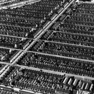 An aerial view of Plaistow showing rows of streets of terraced housing, London, England