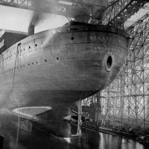 Belgian Navy. The stern view of the new giant ship, Belgenland, before her launch