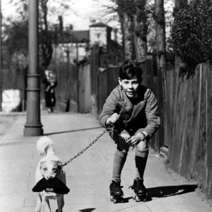 Boy rollerskating on the pavement with his pet dog on a lead, who is carrying