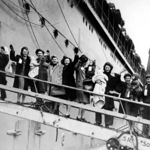 GI Brides on board. British war brides leave for USA, 1945