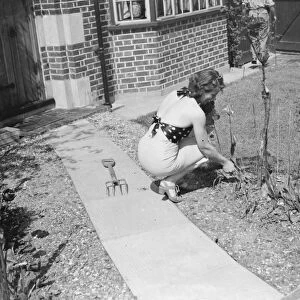 A women in beachwear caching some sun whilst doing the gardening. 1939