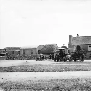 Motor car and motor buses outside Hills Hotel, The Lizard, Landewednack, Cornwall. After 1903