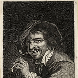 17th century English man blowing out smoke after inhaling from a, 1803 (engraving)