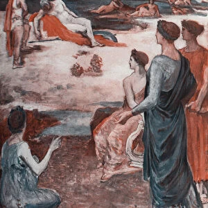 Achilless pain: Achilles learns of Patrocless death. Illustration by Clement Gontier (1876-1918) for Homeres "The Iliad"(Omero). Paris, Henri Laurens, 1930