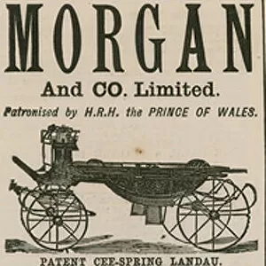 Advert for Morgan & Co Ltd, carriage makers, Long Acre and 10 Old Bond Street, London (engraving)