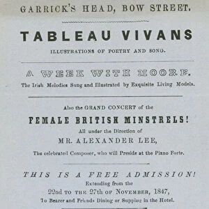Advert for Tableau Vivans, illustrations of poetry and song, Garricks Head, Bow Street, London (engraving)