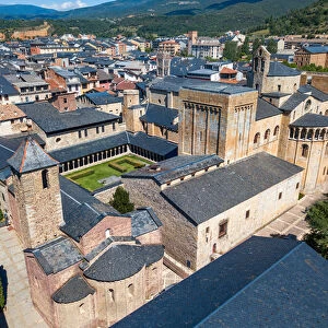 Aerial view of the Cathedral of Santa Maria in La Seu d Urgell, Lleida, 2021 (photo)