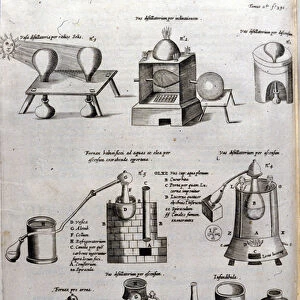 Alchemy: board representing different models of distillation apparatus and stills