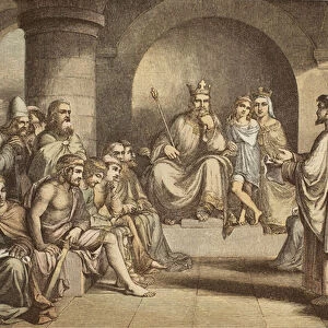 Alfred the Great submitting his laws to the Witan, engraved by JD Cooper