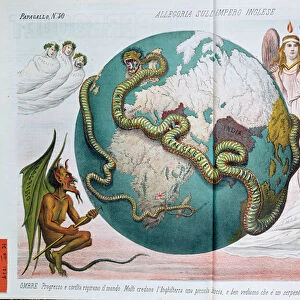 Allegory of the British Empire strangling the world, satirical cartoon from