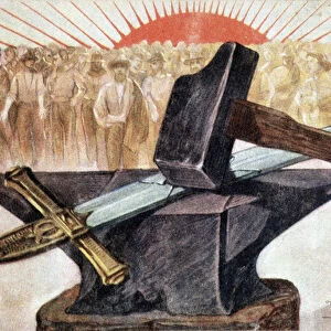 Allegory of socialism with workers symbols (anvil and hammer)
