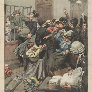 The Amazons of the Vote expelled by the Policemen from the halls of the Palace of Westminster (colour litho)