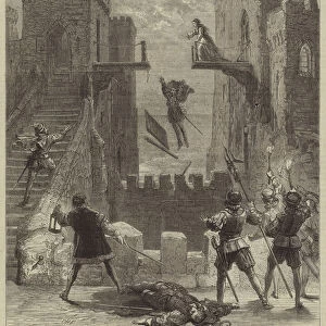 "Amy Robsart"at Drury-Lane Theatre, the Fate of Varney (engraving)