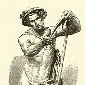 Ancient Roman reaper sharpening his scythe (engraving)