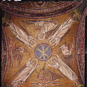 Four angels with the symbols of the evangelists surrounding the chi-rho monogram of Christ