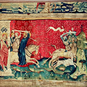 Apocalypse Tapestry, Cartons of the painter Hennequin de Bruges, atelier Nicolas Bataille. no 73, Le verbe de Dieu charge les betes, 1373-1380 (textile)