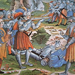 Armoured soldiers firing match-lock Arquebus, late 15th century (hand coloured woodcut)