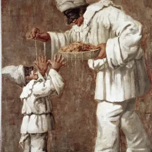 Pulcinella Giving Pasta to a Child, 19th Century Print Pulcinella Giving Pasta to a Child, 19th Century Print