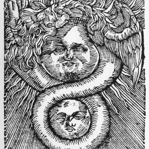 Der Sonne und der Mond: verbunden durch den Drachen - Gravierung aus dem Werk von Basil Valentine. Der Sonne und der Mond: verbunden durch den Drachen - Gravierung aus dem Werk von Basil Valentine.