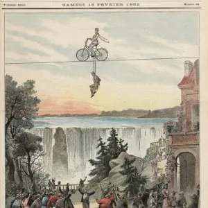 Colour lithograph print of Theatre de la Gaite performers at Niagara Falls Colour lithograph print of Theatre de la Gaite performers at Niagara Falls