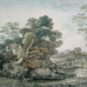 Print of a Watercolor Landscape with a Small Cottage and Stream Print of a Watercolor Landscape with a Small Cottage and Stream