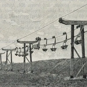 Print of a wire rope railway carrying clay buckets at Glynde, England, 1885 Print of a wire rope railway carrying clay buckets at Glynde, England, 1885